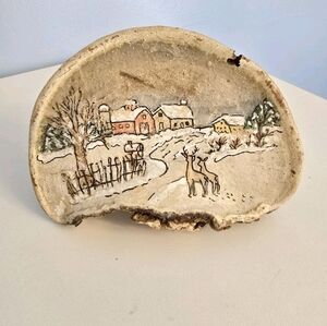 Hand Painted Tree Conk Shelf Mushroom Fungus Deer Winter Scene Barns